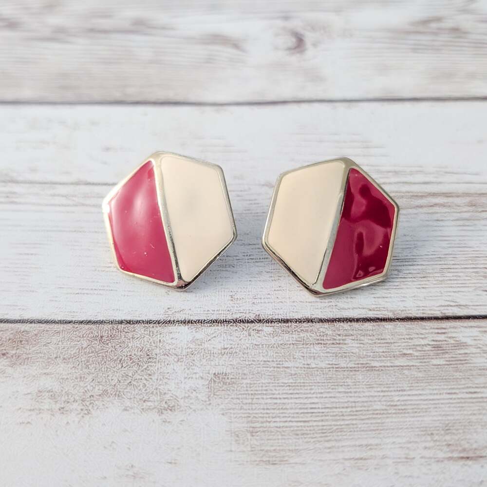 Vintage Stud Earrings 6 Sided Red & Cream Large Retro